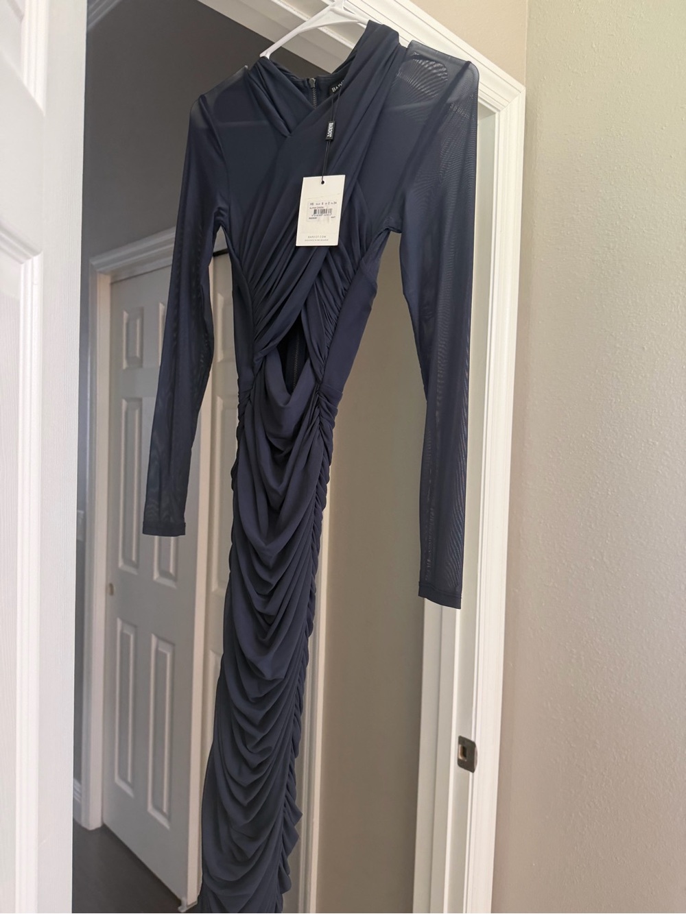 Bardot Navy Long-Sleeve Ruched Midi Dress